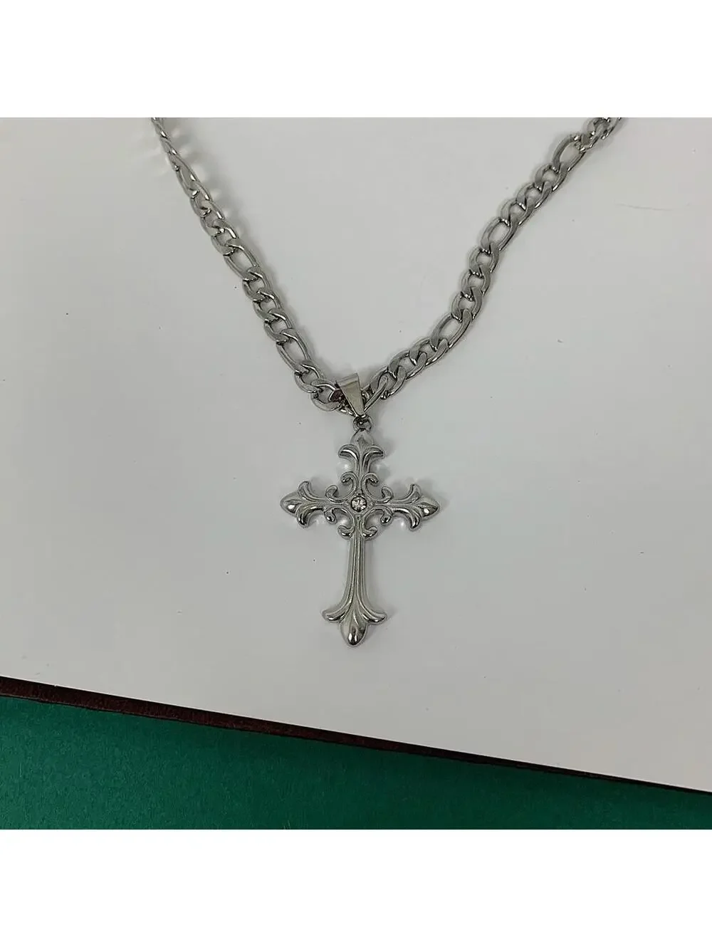 Y2k style Silver Figaro Big Gothic Rhinestone Cross Pendant Necklace. Stainless